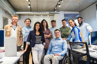 Professional team meeting in inclusive office environment, teamwork and communication
