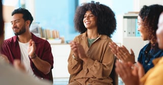 Happy team employees celebrating with applause congratulations workplace teamwork